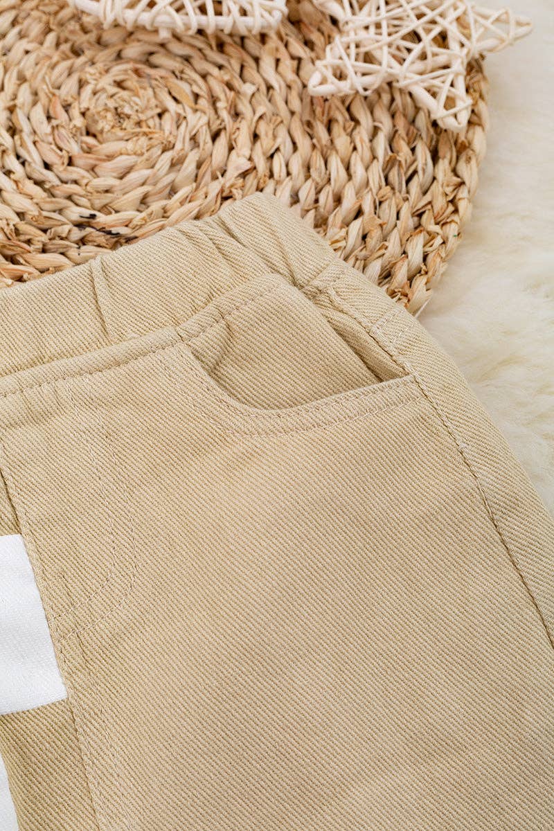 Ivory size printed checker denim skirt.