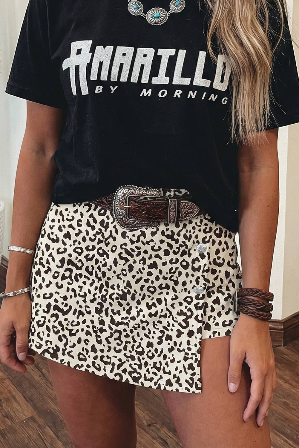 Brown Leopard Print Button Overlap Denim Skort