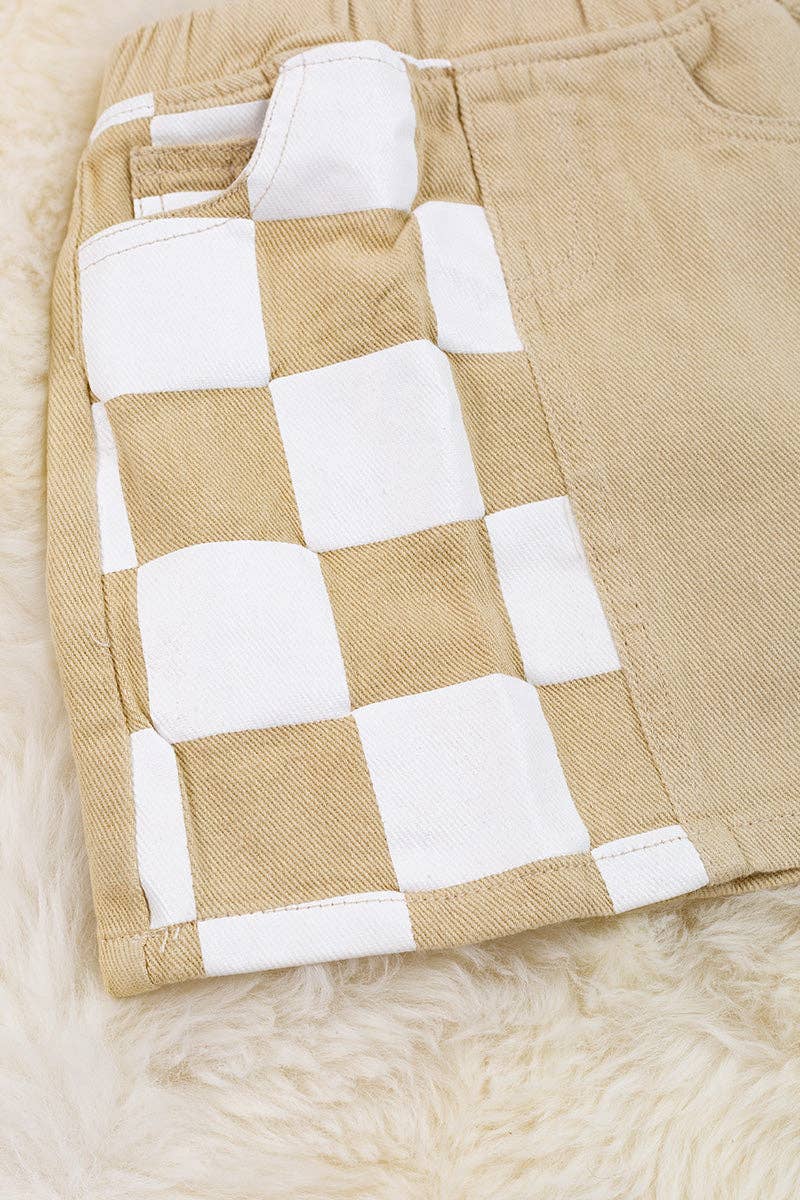 Ivory size printed checker denim skirt.