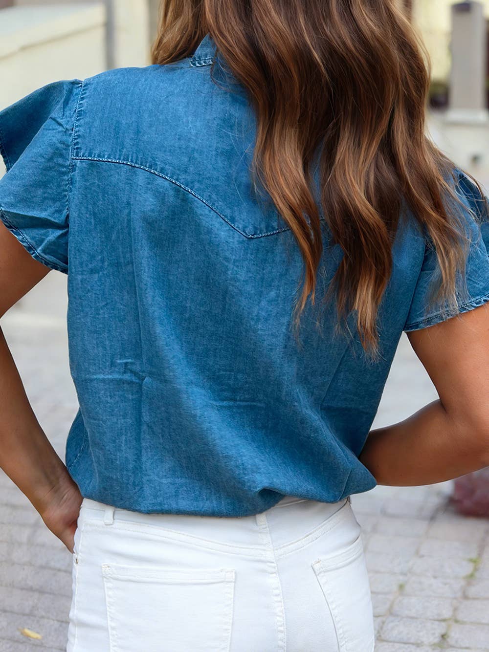 *PREORDER* Dusk Blue Ruffled Short Sleeve Denim Shirt