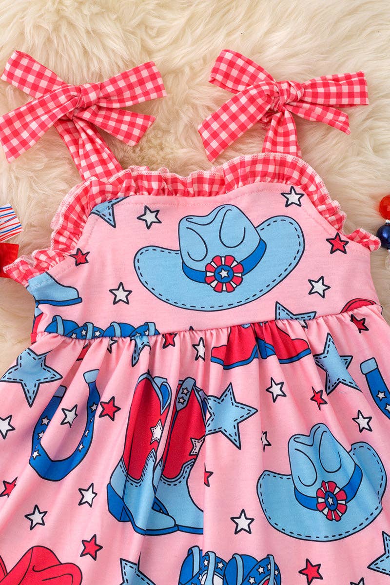 Western cow girls pink tunic with red gingham shorts.