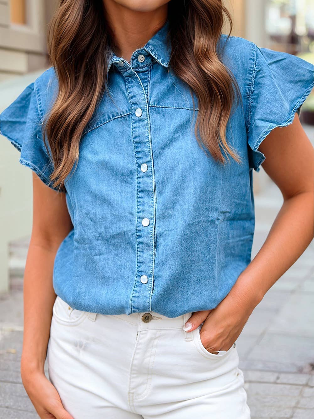 *PREORDER* Dusk Blue Ruffled Short Sleeve Denim Shirt