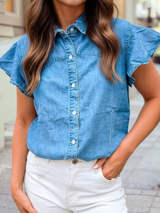 *PREORDER* Dusk Blue Ruffled Short Sleeve Denim Shirt
