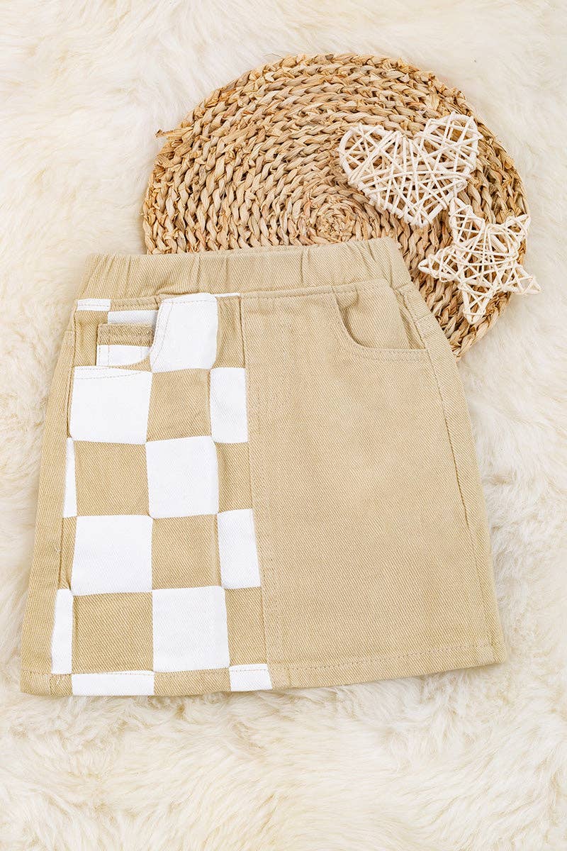 Ivory size printed checker denim skirt.