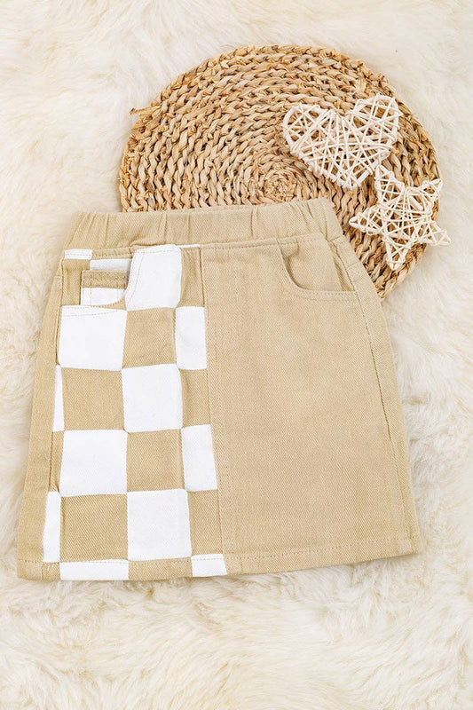 Ivory size printed checker denim skirt.