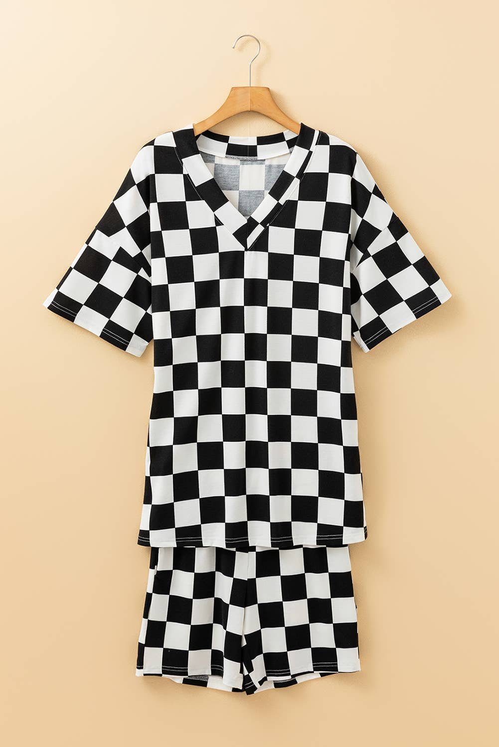 Checkered Print V Neck Top & Shorts Lounge Set | S-XL